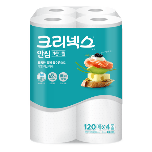 크리넥스 안심 키친타월, 120매, 4개 - 롤키친타올 | 쿠팡