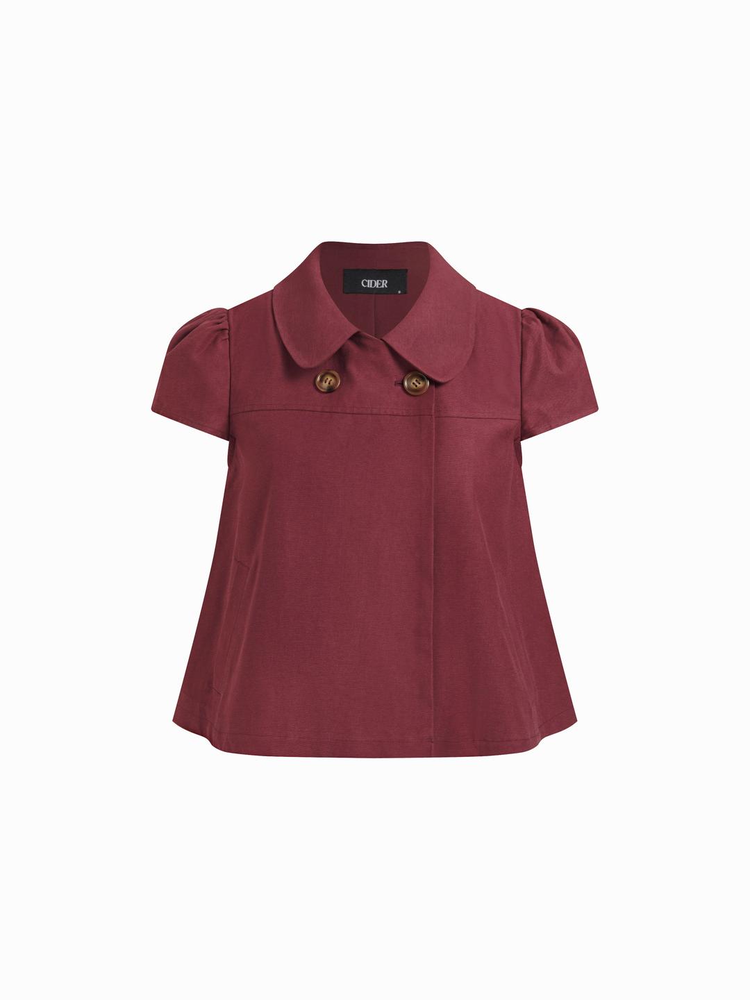 Cotton-blend Collar Double Breasted Short Puff Sleeve Oversized Blouse