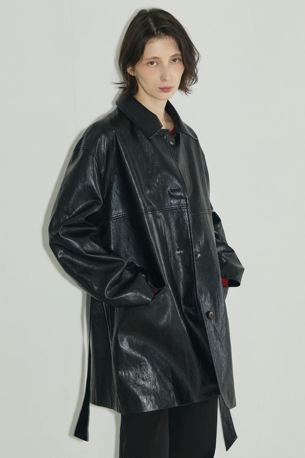 레더 벨티드 롱 자켓_블랙