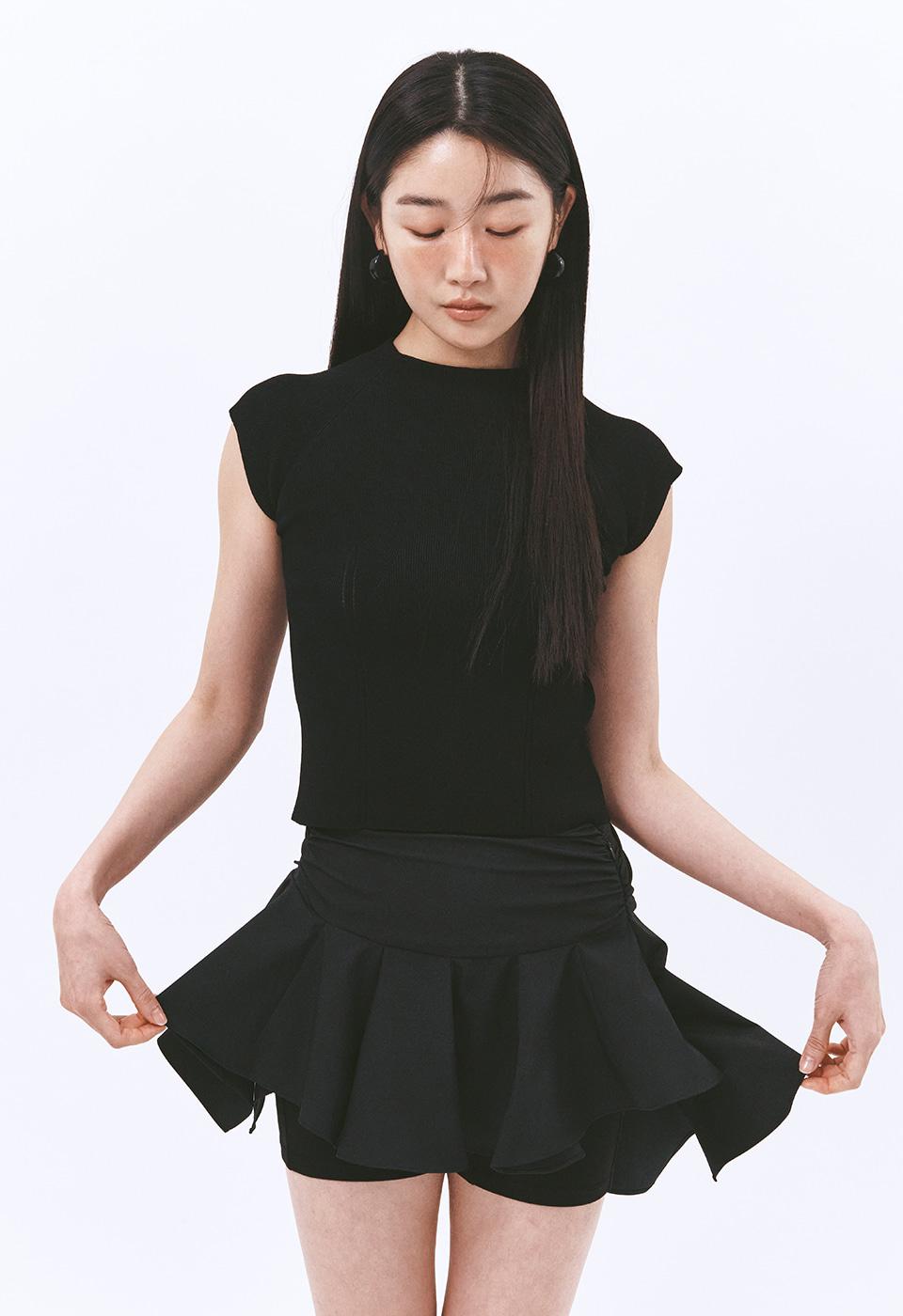 ASYMMETRIC CULOTTE FRILL MINI SKIRT (BLACK)