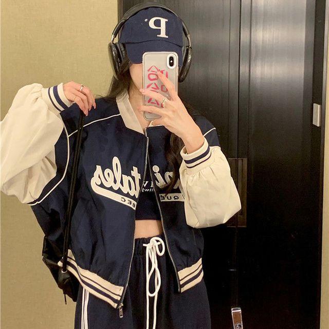 (네이비당일) 브이넥 배색 루즈핏 크롭 야구점퍼 블루종 항공 점퍼 자켓 2color
