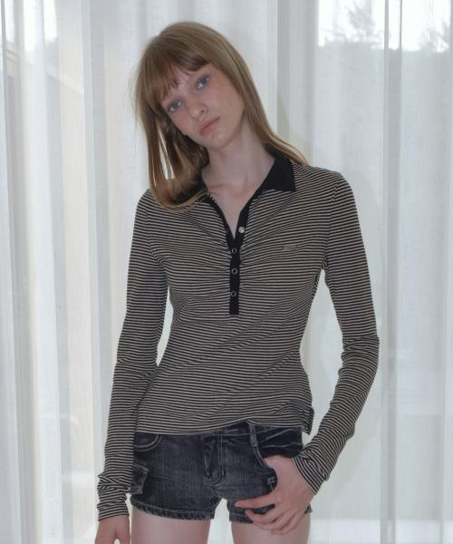 STRIPE SHIRRING PIQUE T-SHIRT [BLACK]