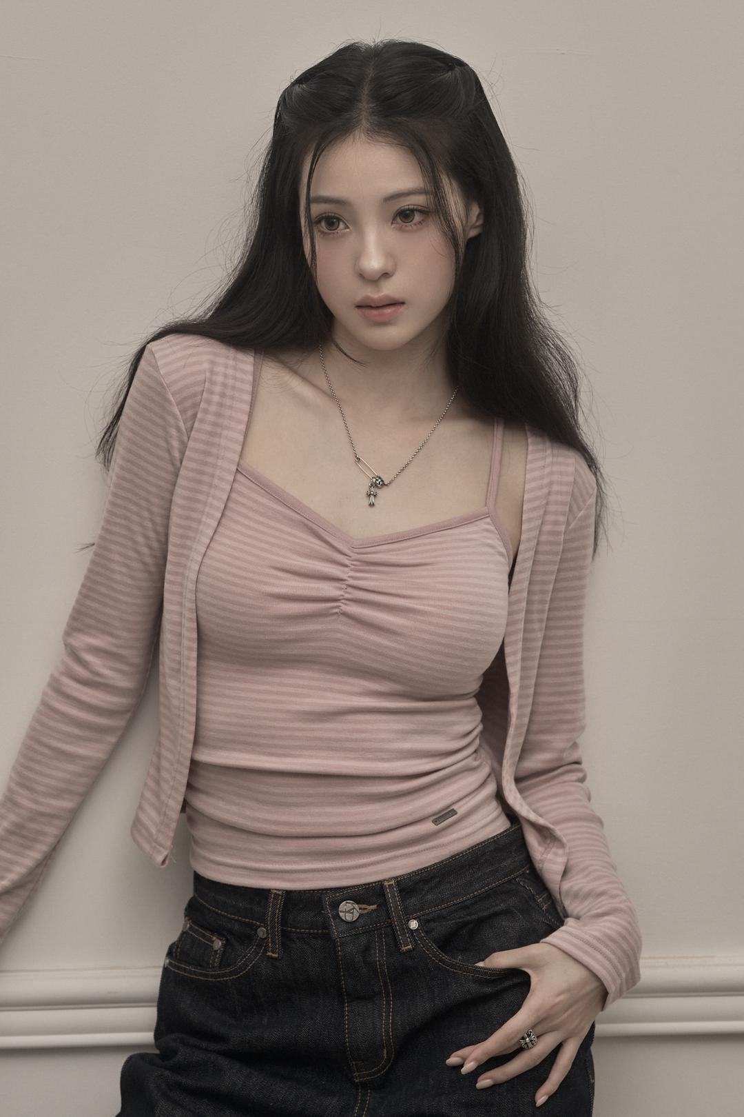 Stripe Cardigan & Sleeveless Set (pink)