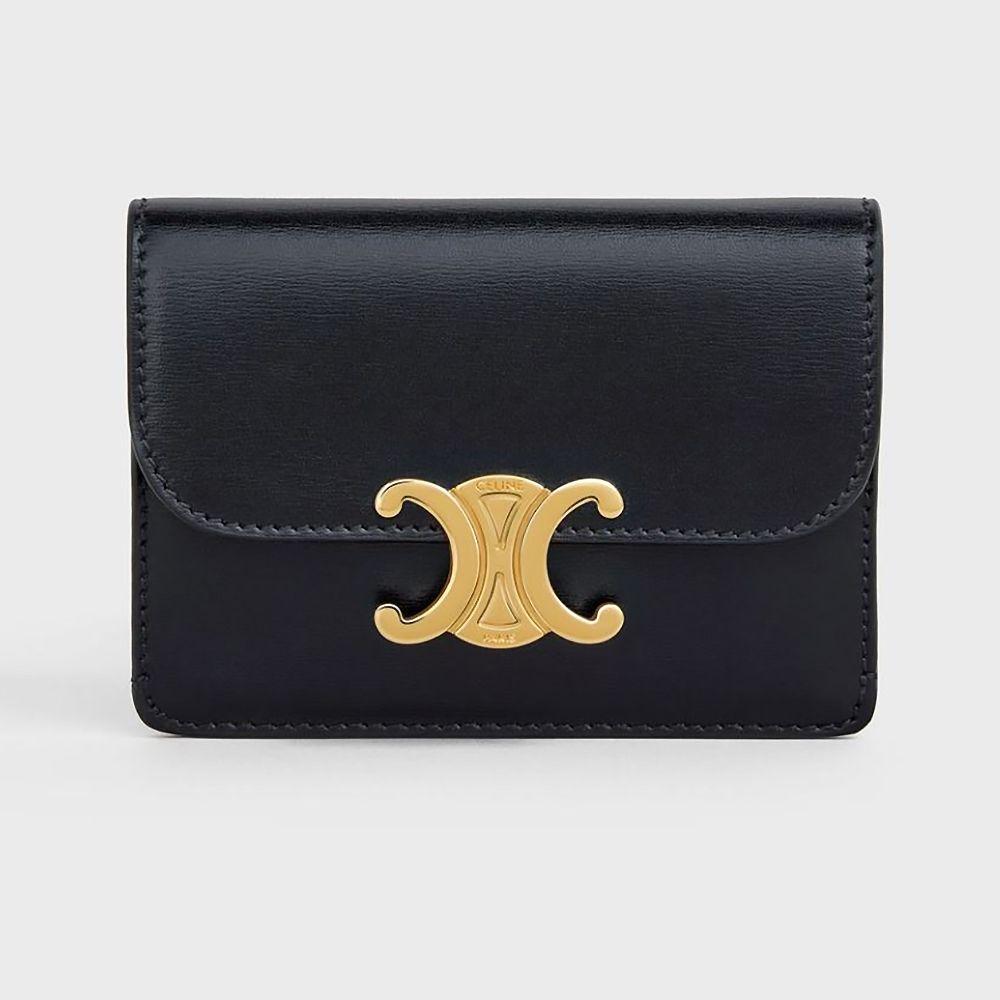 셀린느 플랩 샤이니 카프스킨 트리옹프 카드지갑 블랙