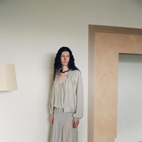 Draped Shirred Long Skirt (Light Gray / Brown)