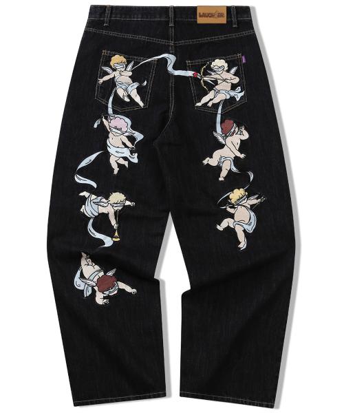 엔젤 자수 데님팬츠 - 블랙