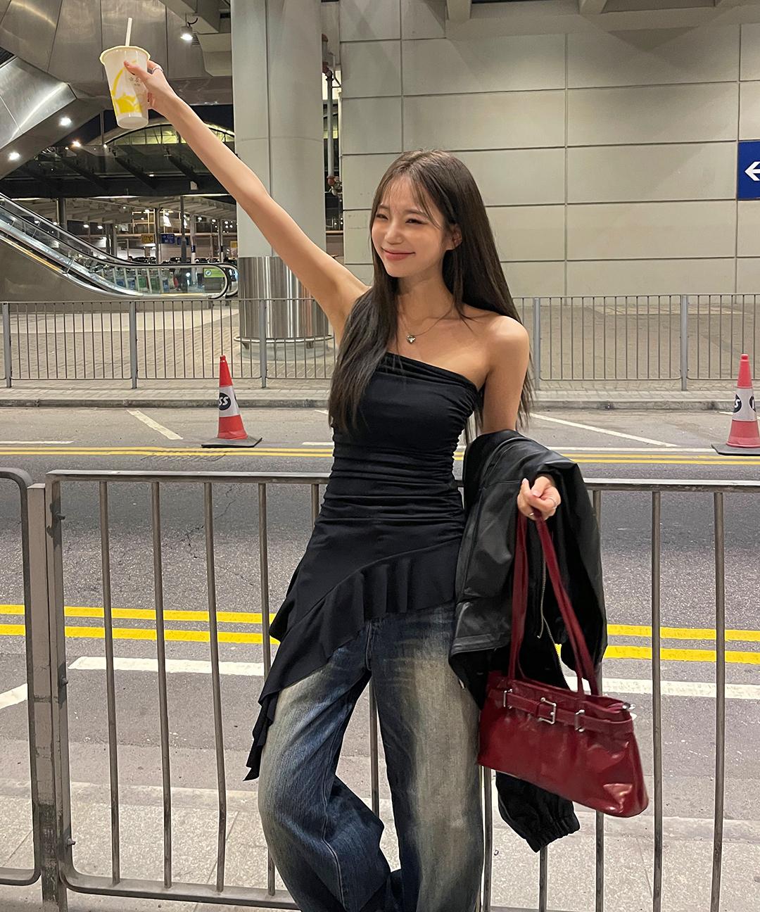 밍피스 훌러 언발 튜브탑 프릴 레이어드 셔링 롱 탑