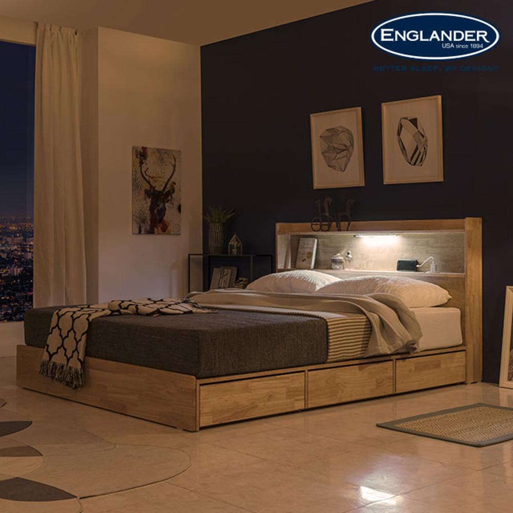 찰리 LED 고무나무 원목 3단 수납 침대프레임 SS