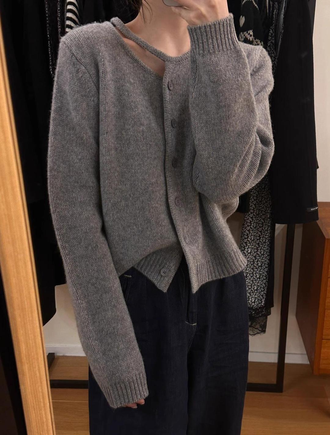 넥라인 스트랩 니트 가디건(4컬러)