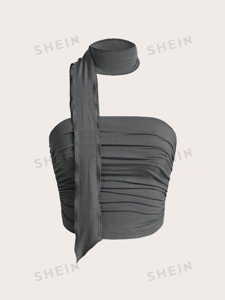 SHEIN ICON 솔리드 옷단 플리츠 크롭 탑