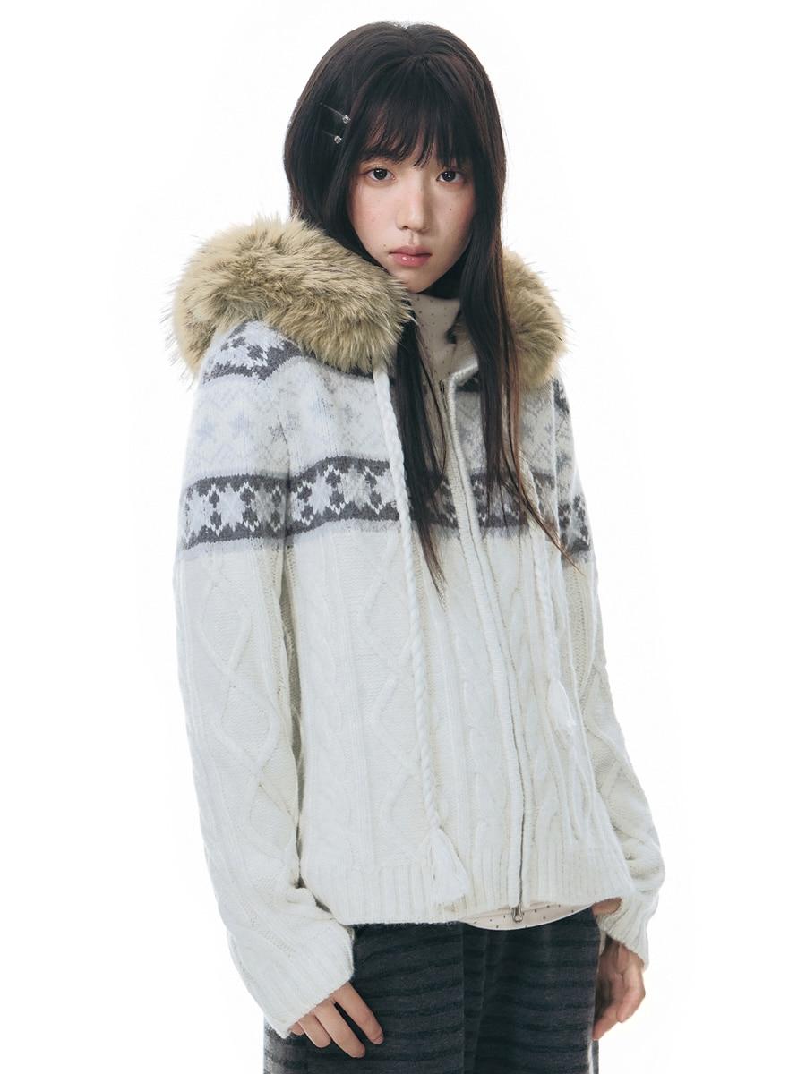 TAKEANAP Nordic Fur Hood Knit Jacket