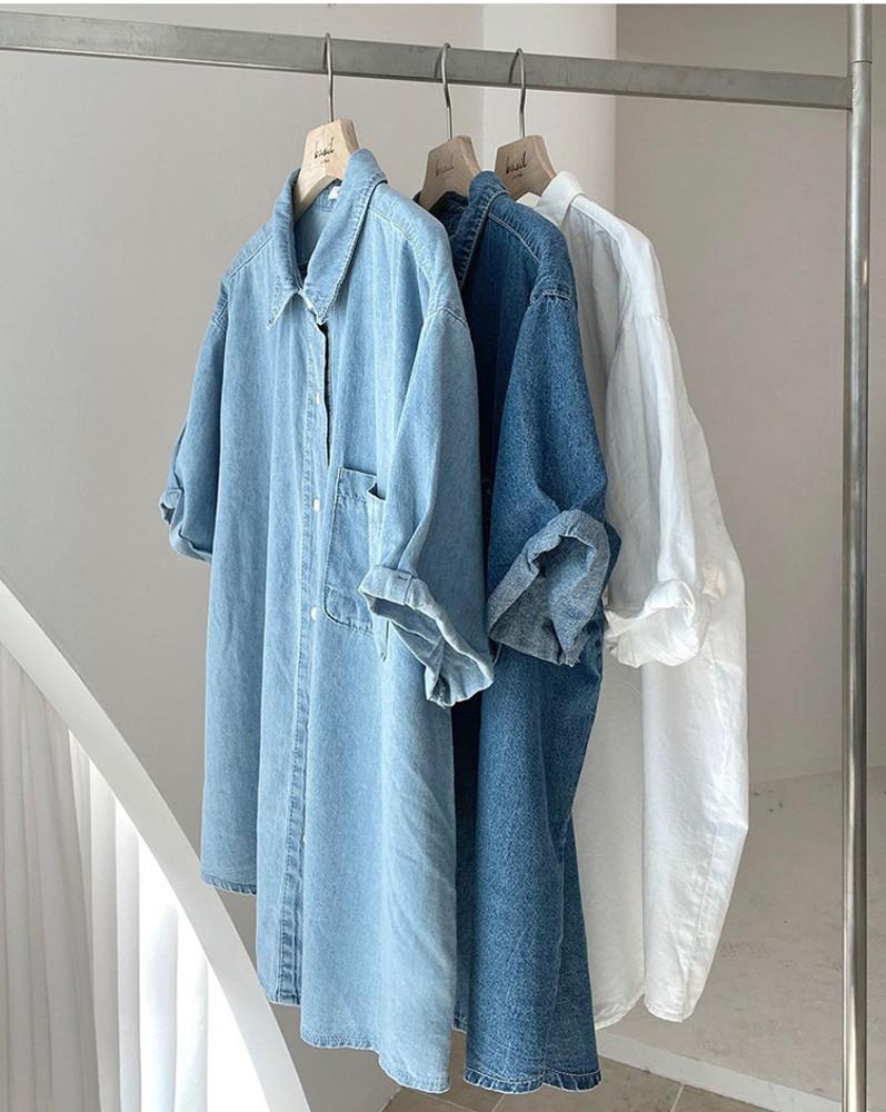 (연청,진청당일출고) 바질인보틀 롤업 반팔 청 셔츠 남방