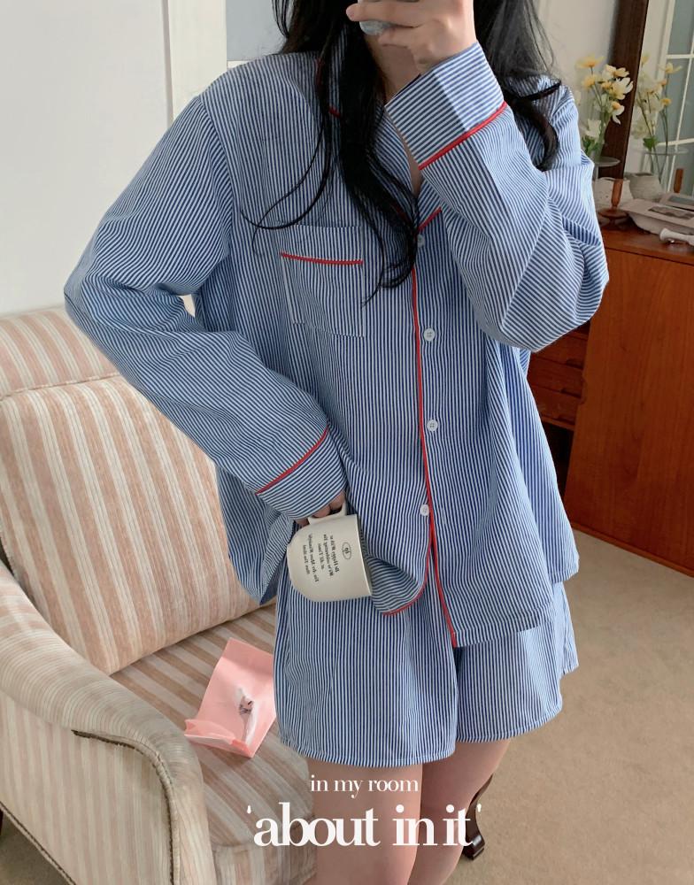 [베스트] 긴팔반바지잠옷 스트라이프 봄잠옷 파자마트 커플 여자잠옷세트