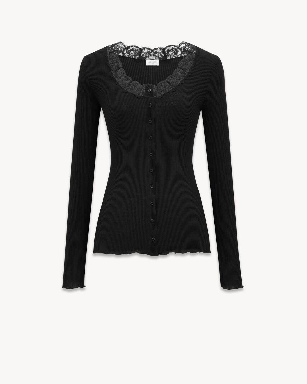 Laced Cardigan in Ribbed Wool And Silk | Saint Laurent | YSL.com