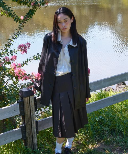 BOX PLEATS MIDI SKIRT_BROWN