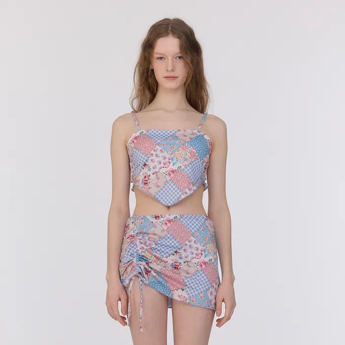 스카프 비키니 탑&셔링 스커트 세트 [보헤미안 패치워크_스카이 블루]