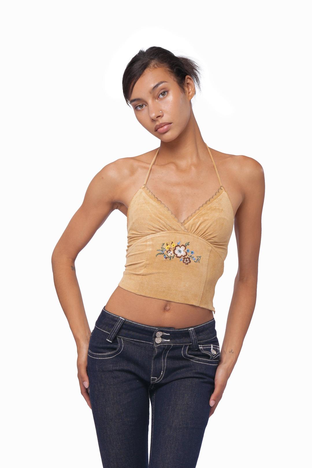 【RUNWAY COLLECTION】EMBROIDERED HALTER NECK TOP - Khaki / XS