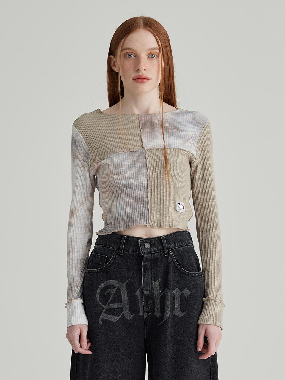 그레이 타이다이 블록 믹스 크롭 긴팔티셔츠