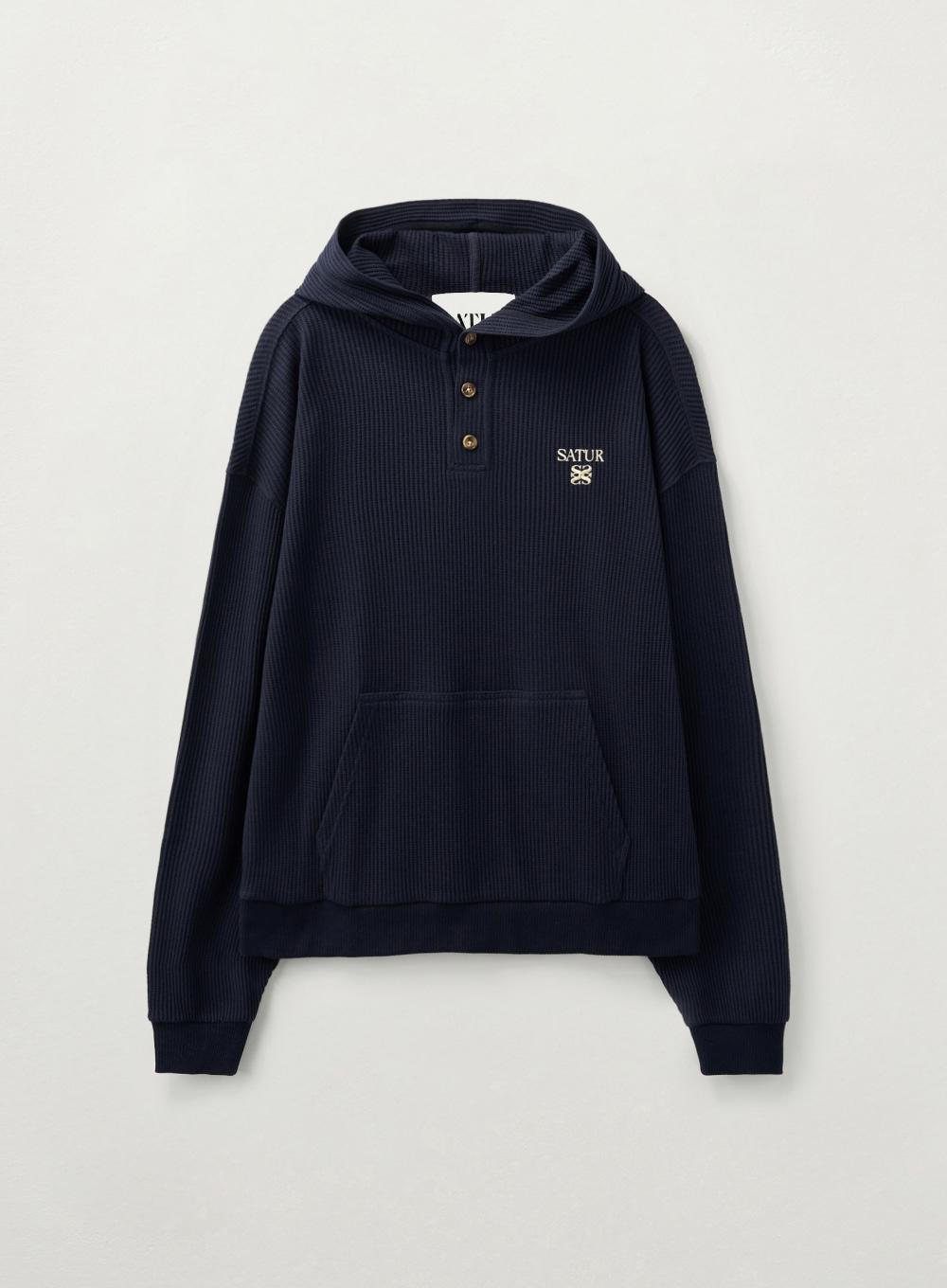 Half Button Waffle Hoodie - Navy