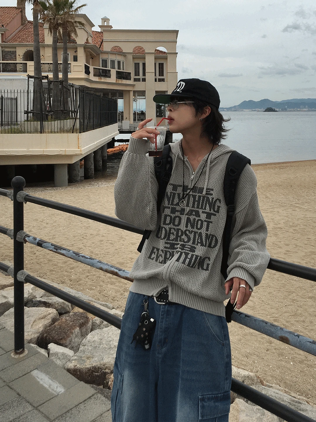 (S/S) RM everything punching hood knit zip-up