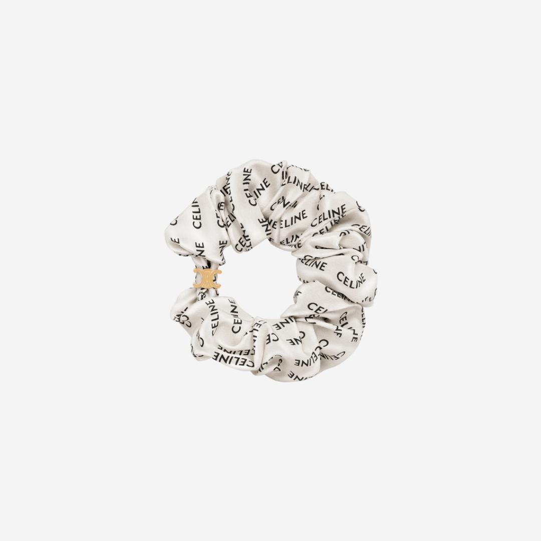 (W) Celine Scrunchy Rayure Bracelet in Brass with Gold Finish and White Slik Gold White