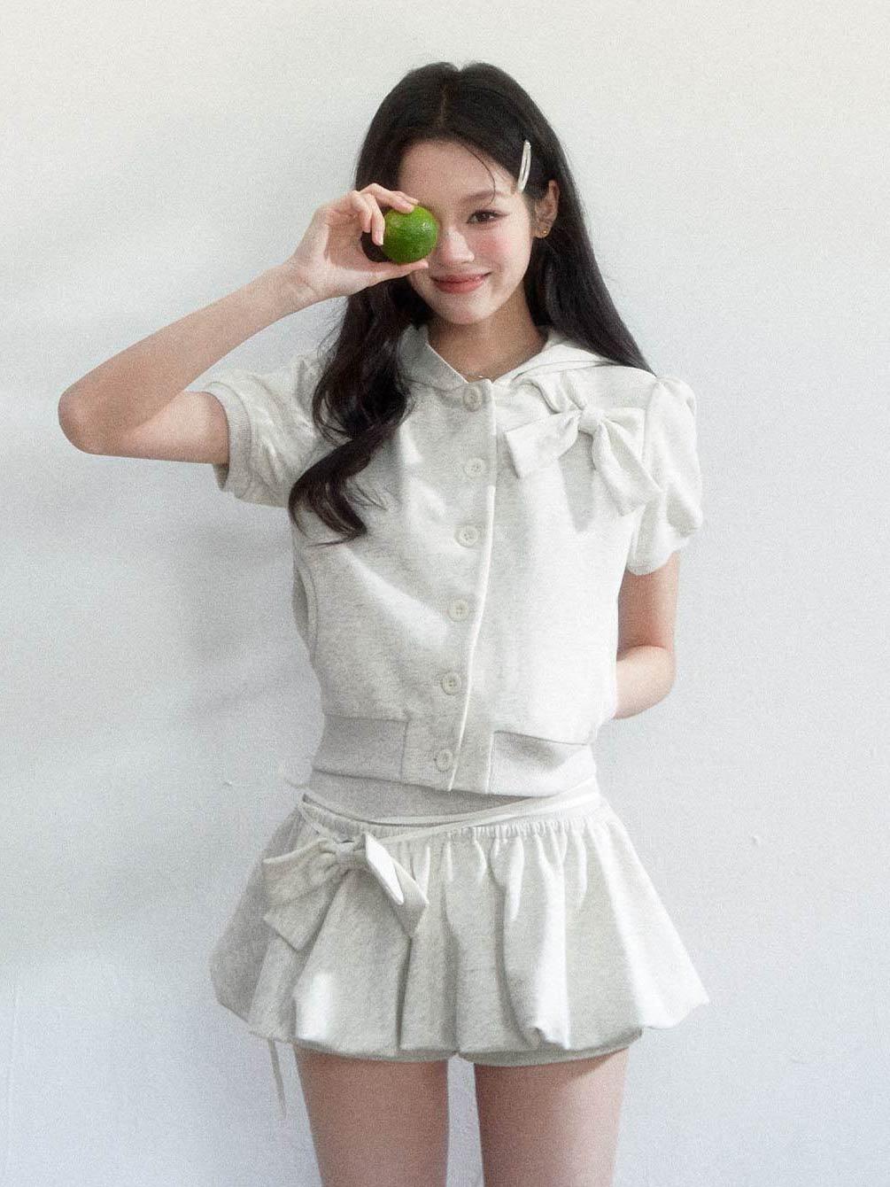 [FRAGILE HEART] Hoodie Top & Ribbon Skirt Set Up