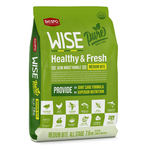 데이스포 와이즈 퓨어 전연령 미디움 강아지 소프트사료, 오리&연어, 7.6kg, 1개 - 건식사료 | 쿠팡