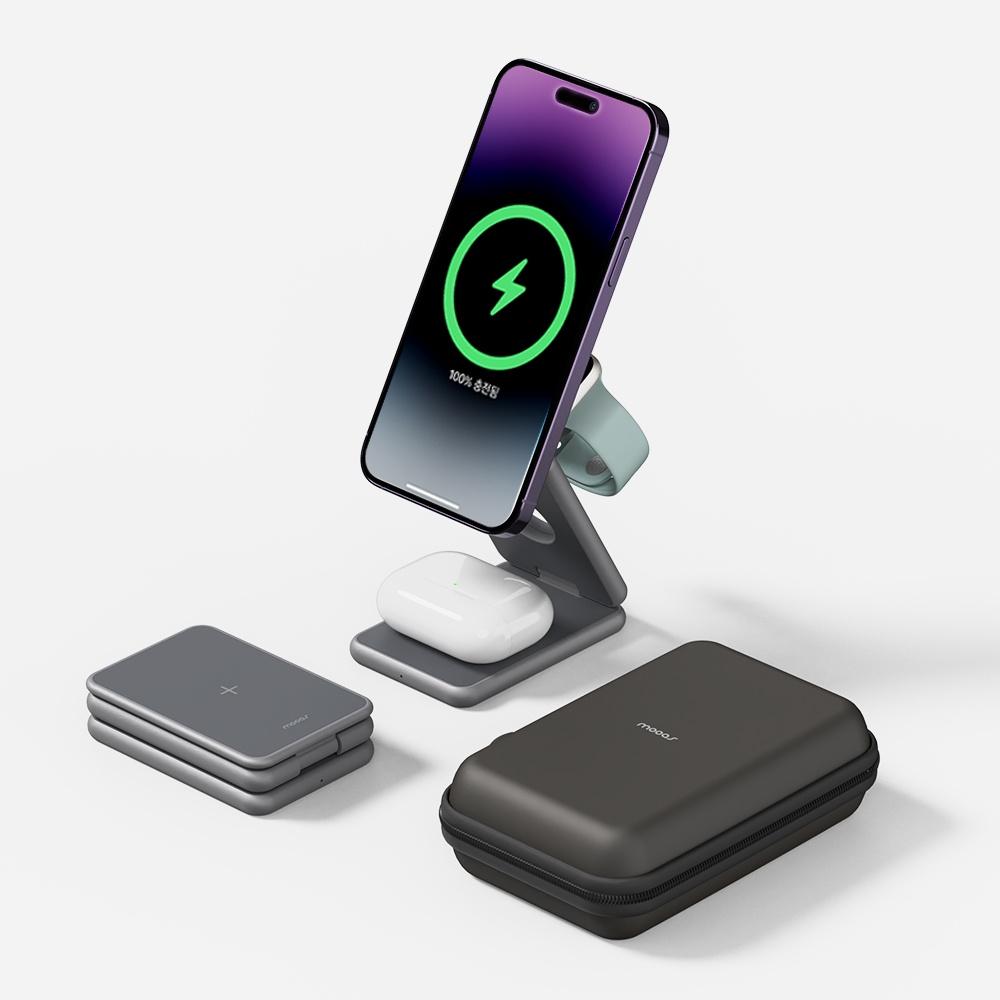 무아스 15W 폴더블 3 in 1 맥세이프 무선충전기 (전용파우치 포함)