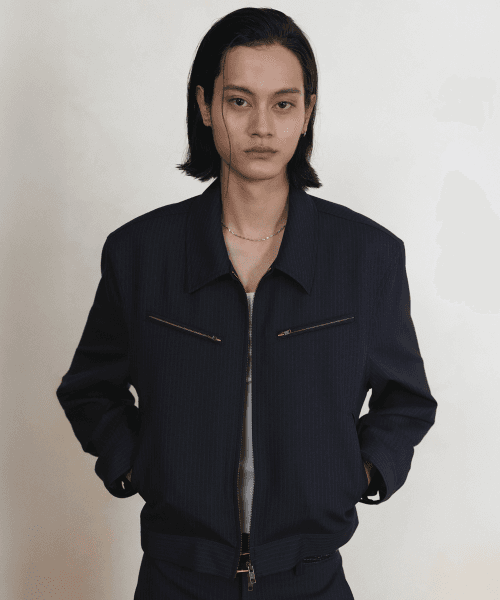 리겔 울 실크 블렌드 스트라이프 자켓 다크 네이비