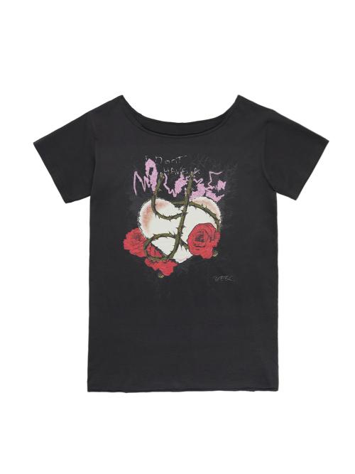 ROSE GRAPHIC BOATNECK TOP CHARCOAL