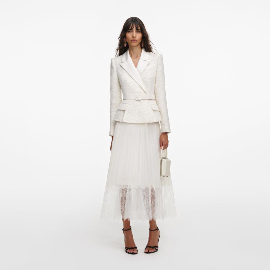 Cream Tailored Bouclé And Chiffon Midi Dress - UK 4