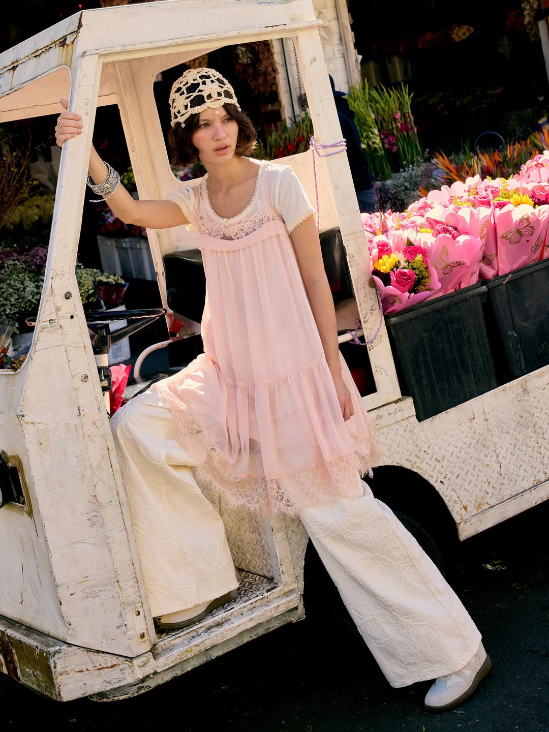 Chiffon Square Neck Lace Trim Tiered Mini Dress