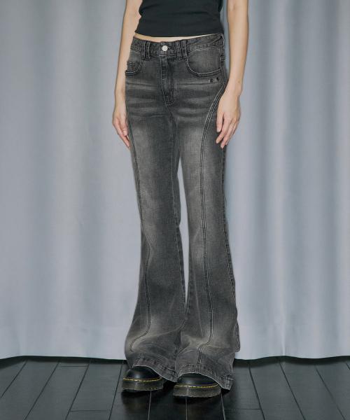 커브 절개 부츠컷 데님 팬츠 - BLACK