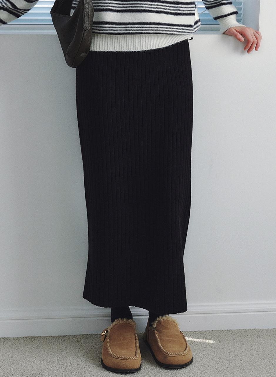 울 골지 니트 롱 스커트 - 블랙