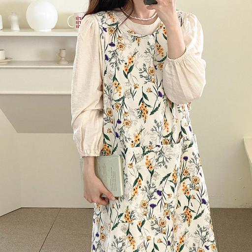 📌이니셜 자수각인 🧵 감성 꽃무늬 단추형 린넨앞치마