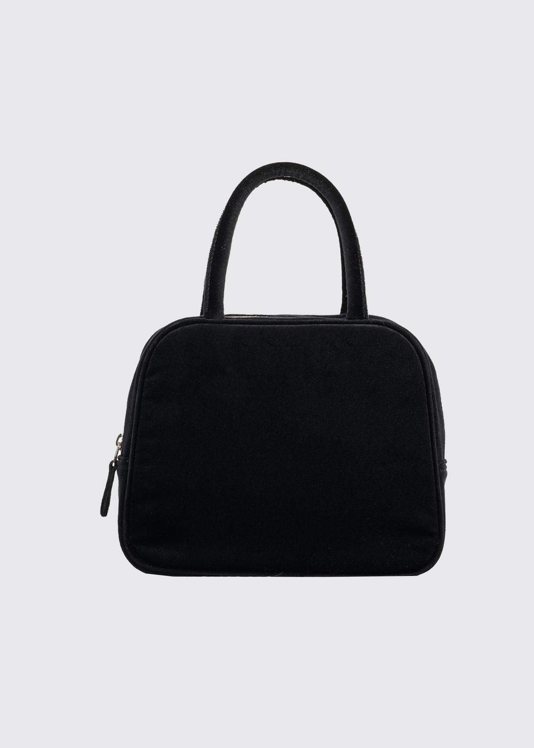 COTTON VELVET BROOCH HAND BAG - BLACK