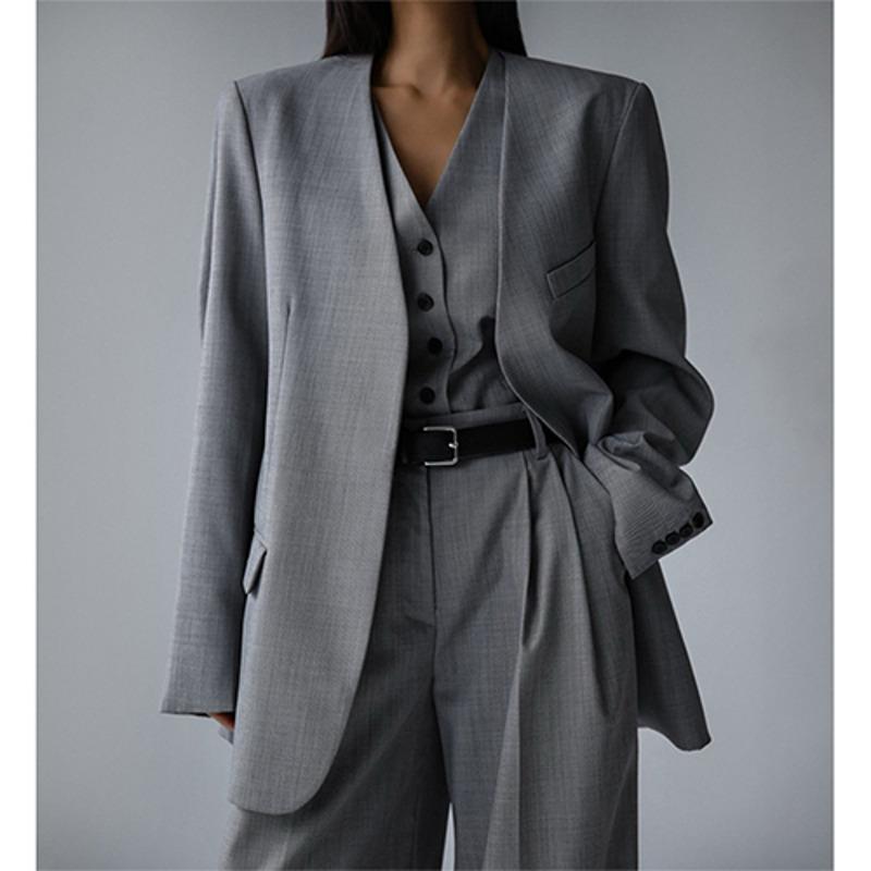 지음샵 샥스킨 패브릭 칼라리스 오버사이즈 셋업 블레이저 (웰메이드/고퀄/정장/수트/하객룩/출근룩/스타일리쉬한/노카라/V넥/시크/오버핏/포멀룩/블랙,그레이,브라운/박시/자켓)