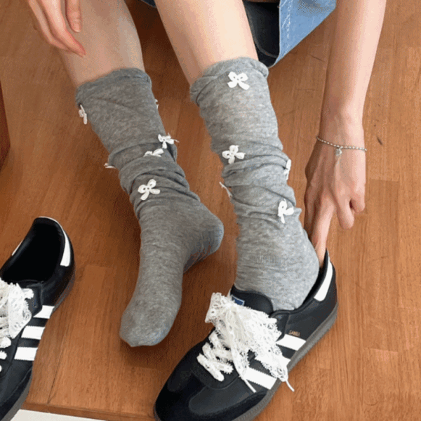 리본 파트 자수 시스루 주름 워머 롱 양말 3color