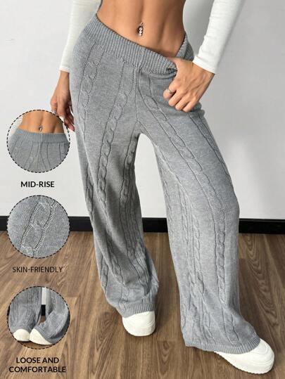 SHEIN Essnce 2024년 가을 여성용 새로운 캐주얼 심플 스트레이트 팬츠, 부드럽고 따뜻한 스웨터 팬츠, 회색 텍스처 트위스트 와이드 레그 팬츠, 패션 캐주얼 일상용 다용도 울 바지