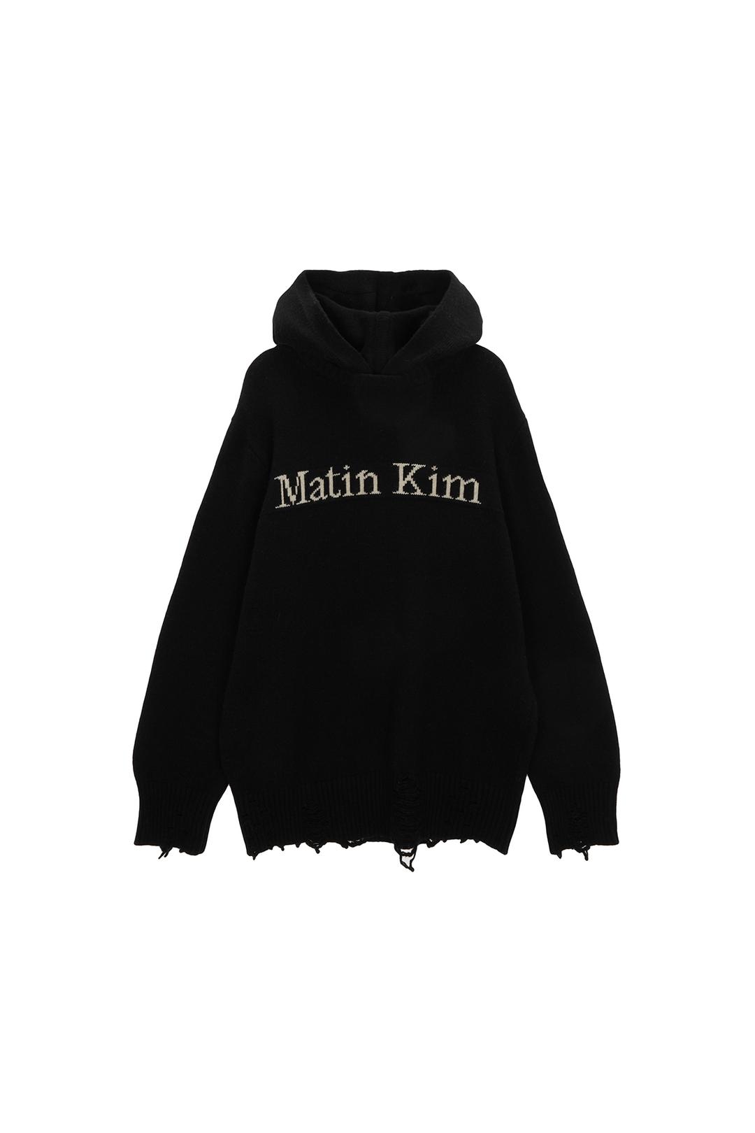 DAMAGE LOGO KNIT HOODIE IN BLACK