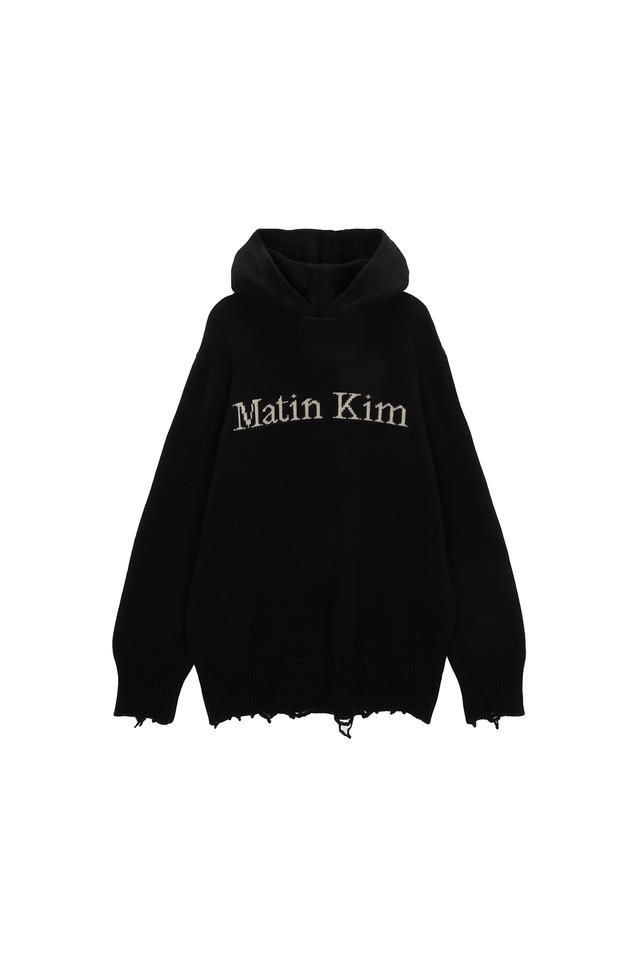 DAMAGE LOGO KNIT HOODIE IN BLACK
