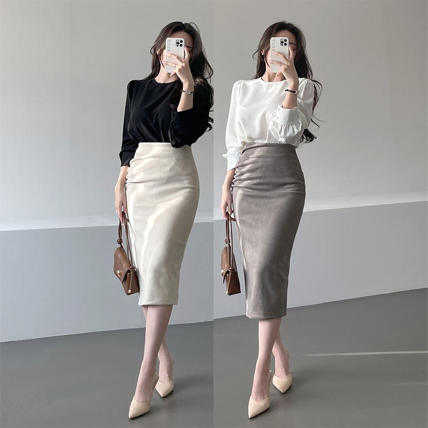 가나다란 [MD소장템/스판쫀~쫀!] 가나다란 바론 스판 뒷트임 셔링 도톰 스웨이드 롱스커트 3color