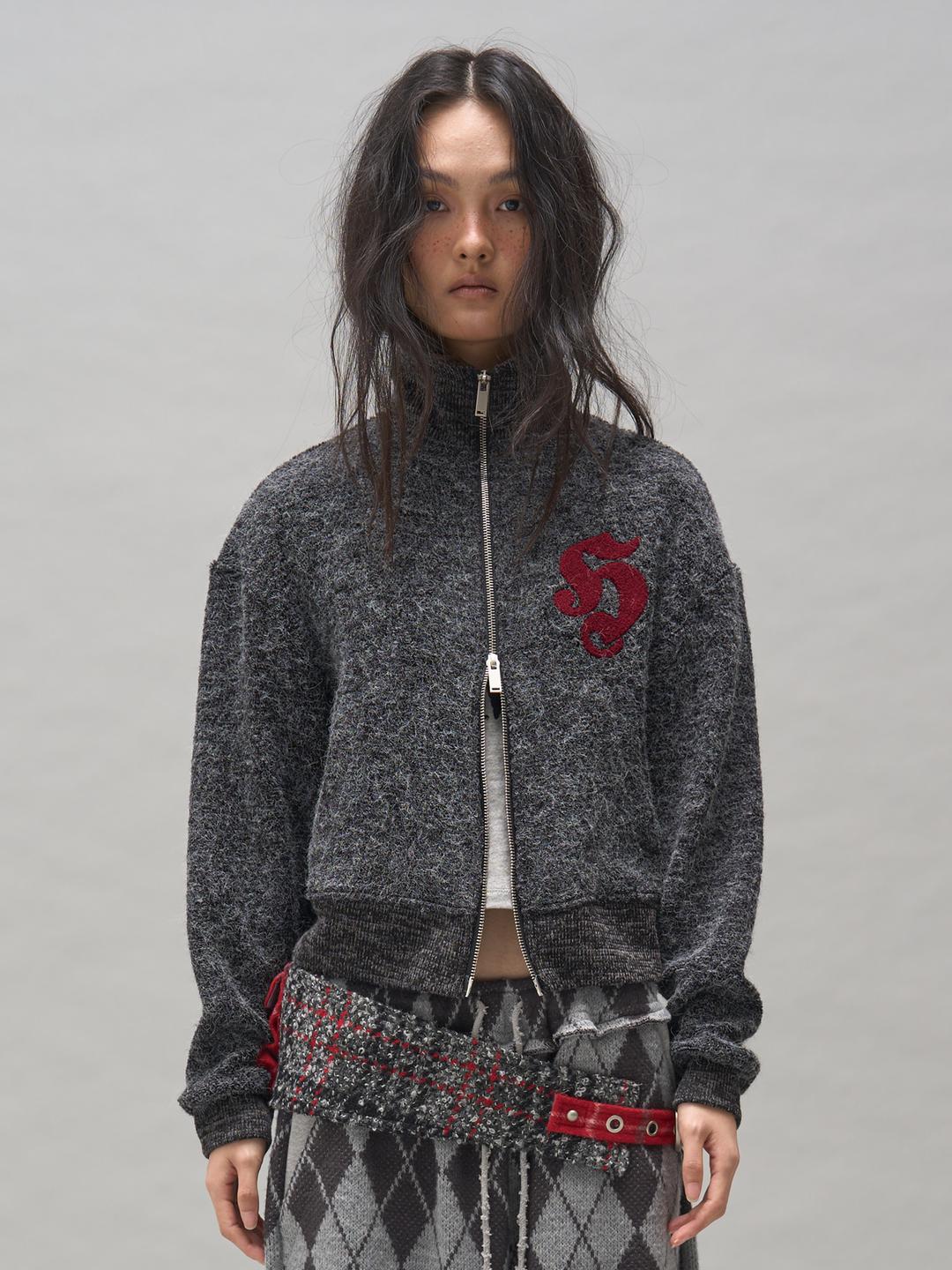 SYMBOL HAIRY KNIT ZIP-UP_CHACOAL