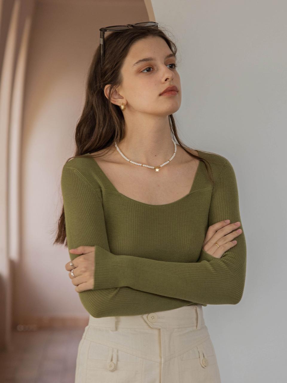[리퍼브] EURIA wool square round neck knit_leaf green