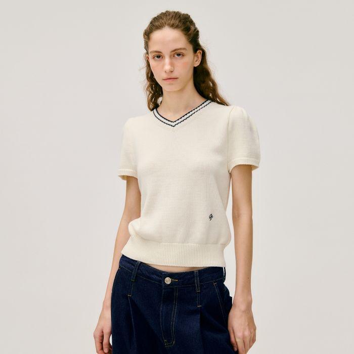 v neck half sleeve pullover - ivory