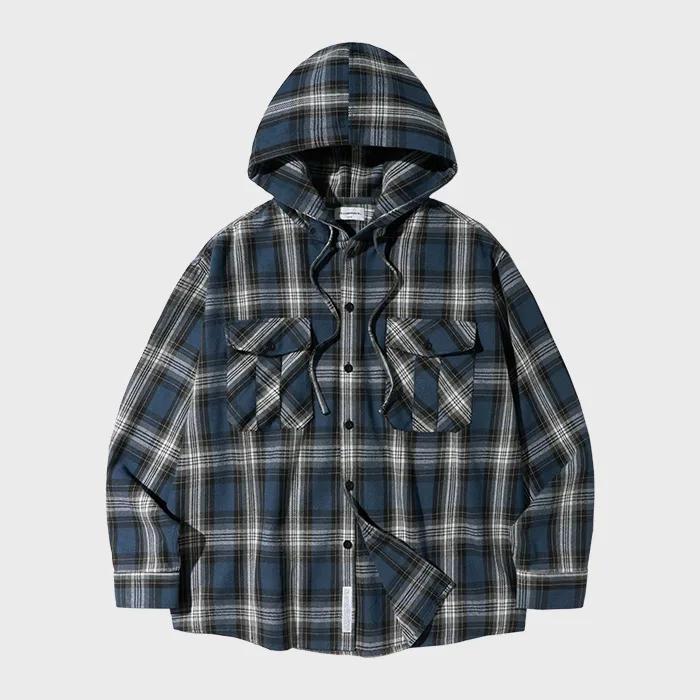 크로스 체크 후드 셔츠-네이비