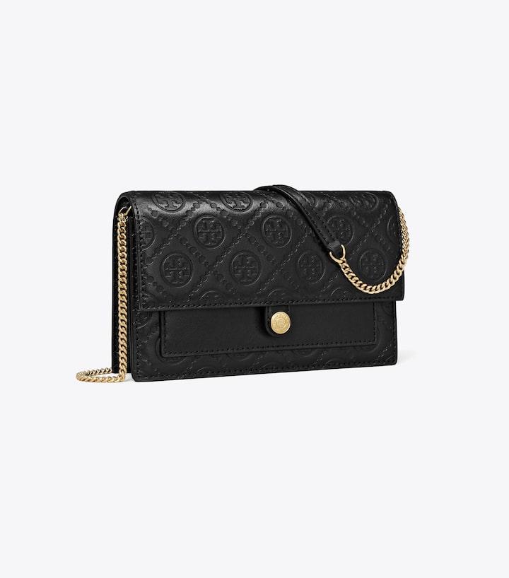 T Monogram Leather Chain Wallet - Black