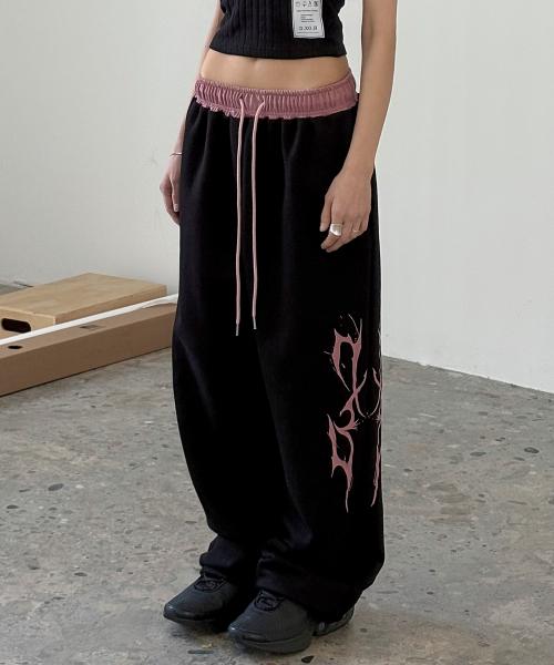 여름원단추가) 오비 배색 썬더 로고 팬츠 블랙/핑크