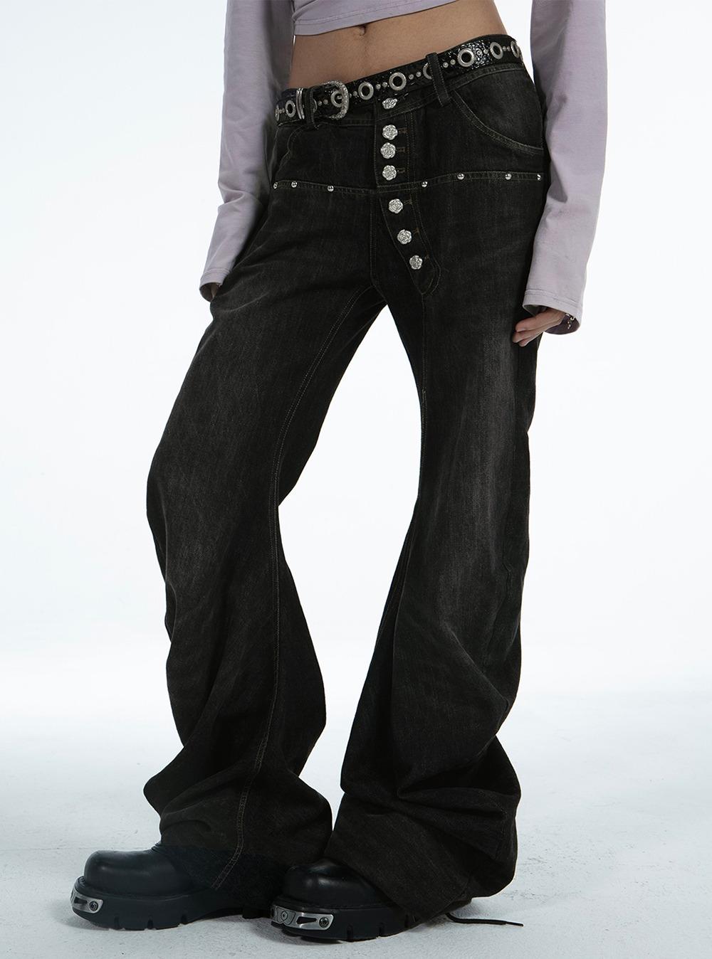 Flower button Dark Gray Denim Pants