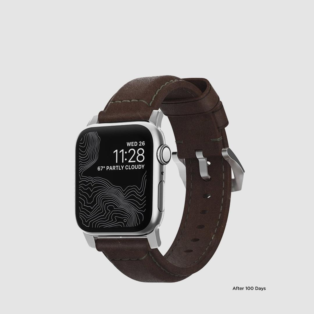 애플 워치 트래디셔널 가죽 스트랩 브라운 - 실버 버클 밴드